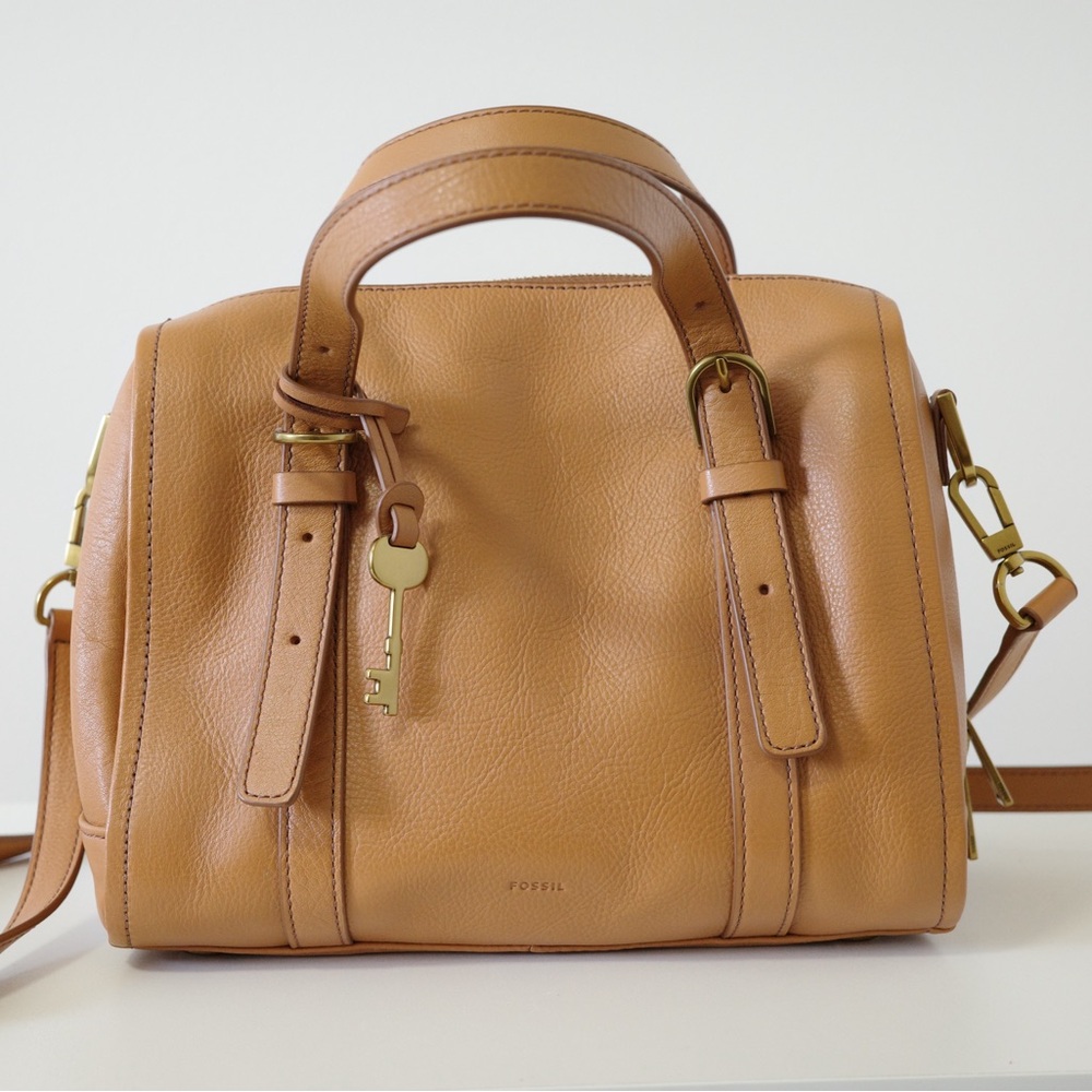 Fossil Tan Leather Satchel with Gold Hardware